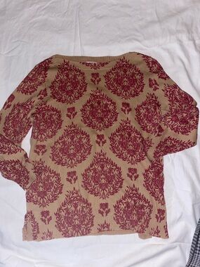LOFT Beige Sweater with Burgundy Medallion Pattern